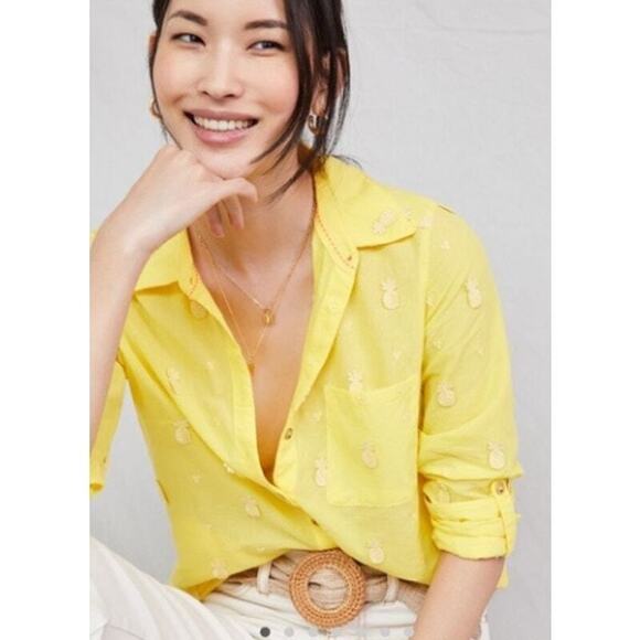Anthropologie Maeve Pineapple Buttondown Women's Blouse Top 2 Yellow Embroidered - Picture 2 of 7